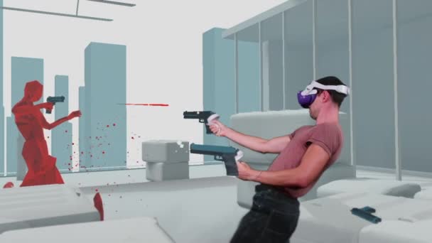 Man Virtual Reality Helmet Plays Game Augmented Reality Player Shoots — Vídeos de Stock