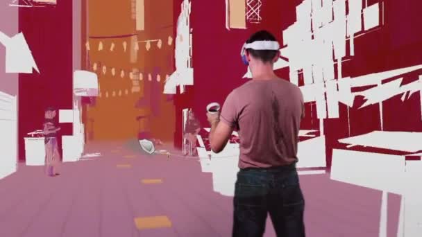 Άνθρωπος Μια Εικονική Πραγματικότητα Ακουστικά Παίζει Ένα Βιντεοπαιχνίδι Δράσης Στην — Αρχείο Βίντεο