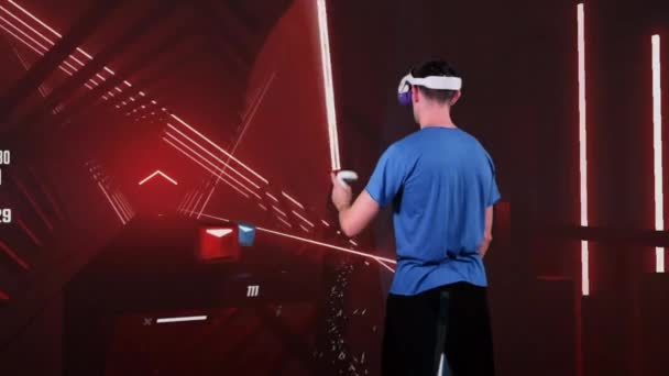 Man Virtual Reality Helmet Plays Game Augmented Reality Player Fights — Wideo stockowe