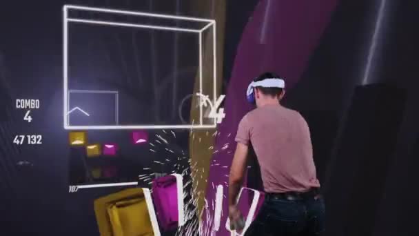 Person Virtual Reality Headset Plays Action Game Augmented Reality Simulation — Vídeo de Stock