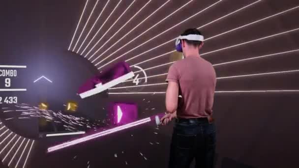 Man Virtual Reality Helmet Plays Game Augmented Reality Player Fights — Stock Video