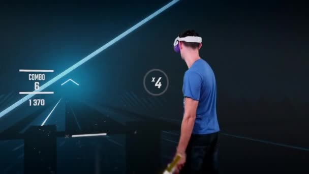 Person Virtual Reality Headset Plays Action Game Augmented Reality Simulation — Stockvideo