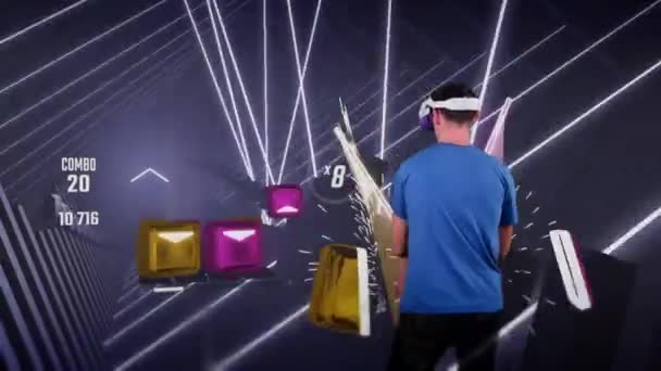 Man Virtual Reality Helmet Plays Game Augmented Reality Player Fights — Vídeo de Stock