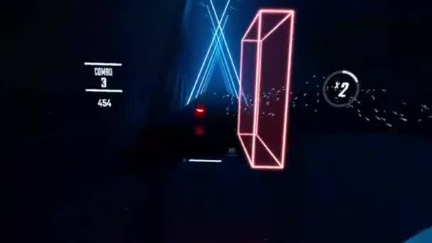Gameplay Virtual Reality Glasses Virtual Neon Swords Hands Cut Cubes — Video