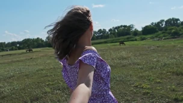 여자가 초록색 들판에서 친구를 천천히 잡아당기는 장면을 따라오 Pov 선드레스를 — 비디오