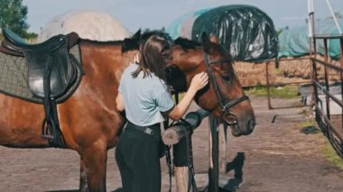 Happy woman stroking a horse on a farm in nature at summer day. Slow Motion. Beautiful girl pets brown horse near the stable. Friendship between human and animal. Mutual understanding, love for horses