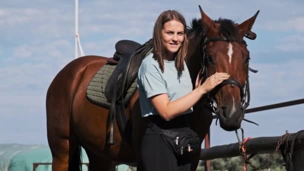 Young Woman Petting Horse Farm Nature Pretty Girl Stroking Brown — Vídeos de Stock