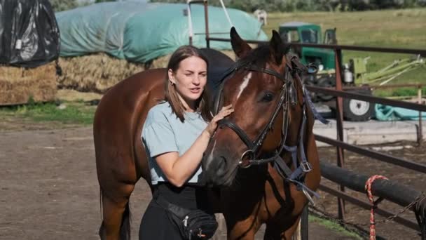 Młoda Kobieta Pieści Konia Farmie Naturze Ładna Dziewczyna Głaszcze Brązowego — Wideo stockowe