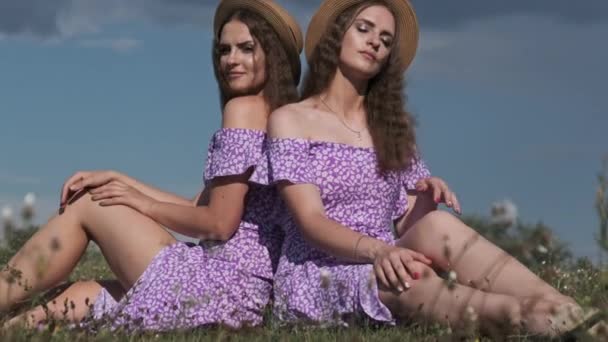 Two Twin Girls Sit Together Field Identical Dresses Straw Hats — 图库视频影像