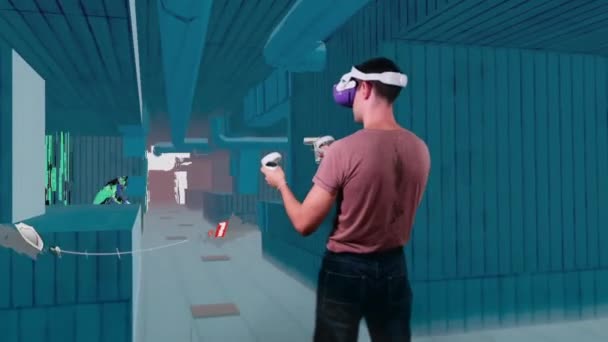 Man Virtual Reality Helmet Plays Game Augmented Reality Player Shoots — Stockvideo