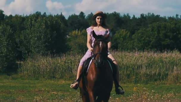 田舎の田園地帯で馬に乗って夏のドレスやわらの帽子で若い女性は スローモーション 乗馬乗馬ヤードで乗馬 魅力的な馬の女性は鞍に乗っている ライフスタイル — ストック動画