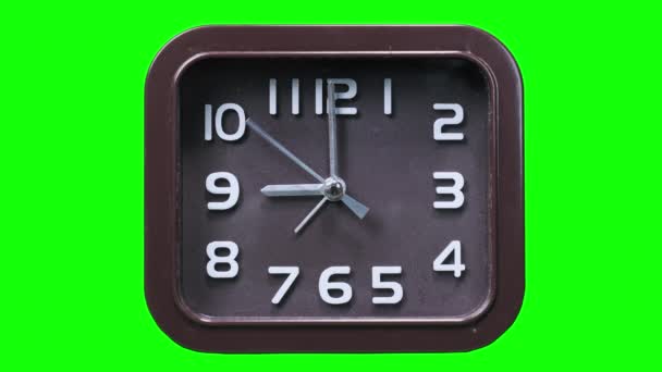 模拟表的钟面在绿色屏幕上显示时间 二手移动的圆形棕色拨号盘的方形机械手表的特写 时间管理 日常事务 — 图库视频影像