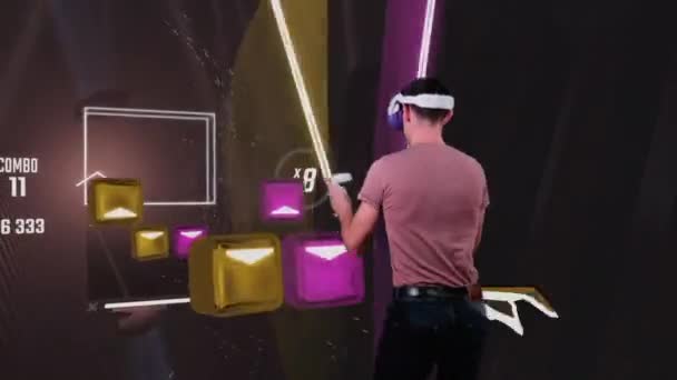 Man Virtual Reality Headset Plays Action Vídeo Game Augmented Reality — Vídeo de Stock