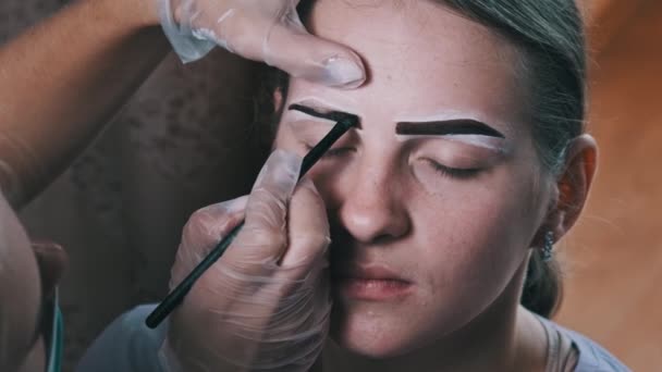 Building Shape Eyebrows Beauty Salon Eyebrow Master Dyes Them Young — Vídeo de Stock