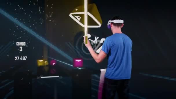 Man Virtual Reality Helmet Plays Game Augmented Reality Player Fights — Vídeo de Stock