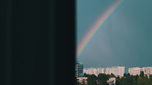 Bright Rainbow Sky City Big Colorful Rainbow Houses Strong Rainbow — Stockvideo