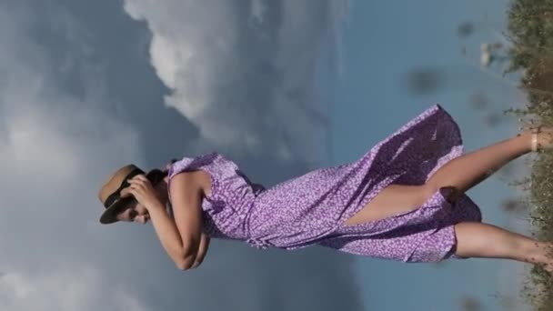 Vertical Mouvement Lent Une Femme Attrayante Dans Une Robe Soleil — Video