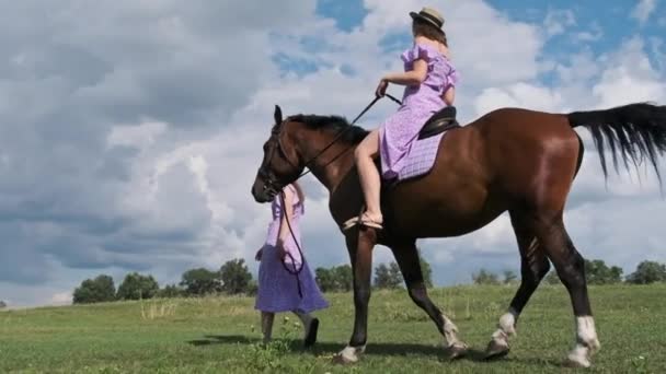 紫の夏のドレスとわらの帽子の2人の双子の女の子は 1つは馬に乗って もう1つは近くの馬を導く 田舎の牧草地で馬に乗って歩く若い双子の姉妹 スローモーション — ストック動画