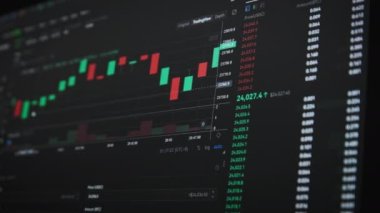 Bilgisayar ekranında şifreli döviz şeması var. Bitcoin para biriminin borsa çizelgesi. Borsadaki USD ve BTC 'den dijital alıntılar grafiği. Fiyat evrimi ile Bitcoin ticareti.