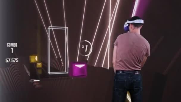 Man Virtual Reality Helmet Plays Game Augmented Reality Player Fights — Vídeo de Stock