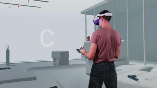 Man Virtual Reality Headset Plays Action Video Game Augmented Reality — Vídeo de Stock