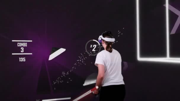 Woman Virtual Reality Helmet Plays Game Augmented Reality Player Fights — Video Stock