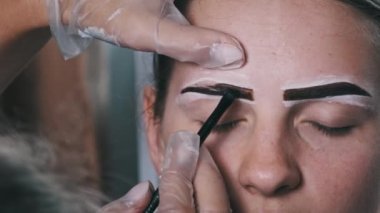 Eyebrow tinting procedure with henna in a beauty salon. The master brow corrects the shape of the eyebrows with a brush. A professional cosmetologist makes make-up. Face of a young girl close-up. 4K