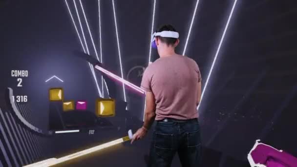 Person Virtual Reality Headset Plays Action Game Augmented Reality Simulation — Vídeo de Stock