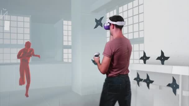 Man Virtual Reality Helmet Plays Game Augmented Reality Player Shoots — Wideo stockowe