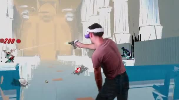 Человек Шлеме Виртуальной Реальности Играет Игру Дополненной Реальности Игрок Стреляет — стоковое видео