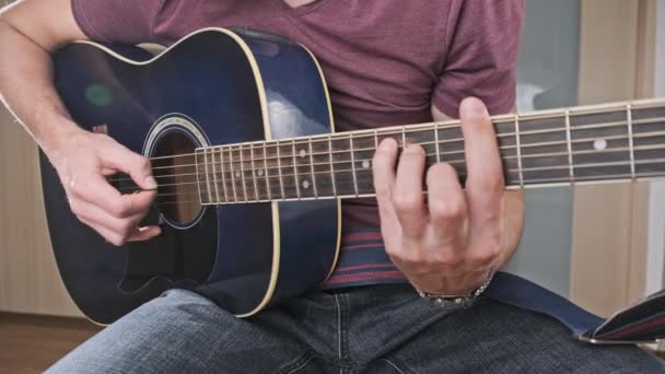 Guitarist Plays Acoustic Guitar Home Man Strums Chords Frets Plays — Stock Video