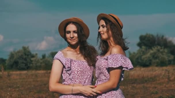 两个年轻的孪生姐妹穿着相同的夏装 头戴草帽 看着自然中的相机 乡下人笑双胞胎姐妹的画像站在田野的天空中 慢动作 — 图库视频影像