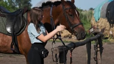 Beautiful woman pets a brown horse near the stable at summer day, slow motion. Happy woman stroking horse on ranch in nature. Friendship between human and animal. Mutual understanding, love for horses