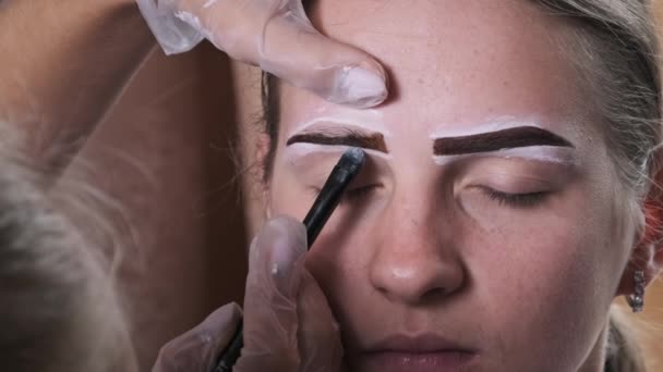 Building Shape Eyebrows Beauty Salon Eyebrow Master Dyes Them Young — Vídeo de Stock