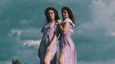 Portrait of two young twin girls in identical summer dresses and straw hats looking at the camera in nature. Smiling twin sisters in the countryside stand on the field against the sky. Slow motion