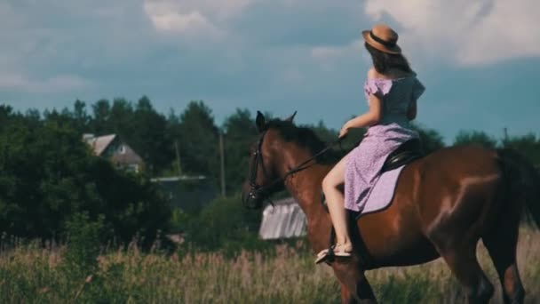 Young Woman Summer Dress Straw Hat Riding Horse Rural Field — Stock Video