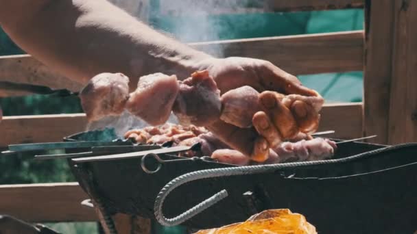 Process Cooking Delicious Shish Kebab Metal Skewer Summer Outdoors Grilling — Stock videók