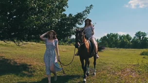 Twee Tweelingmeisjes Paarse Zomerjurken Strohoeden Ene Rijdt Een Paard Andere — Stockvideo