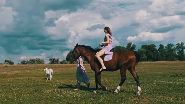 Νεαρές Δίδυμες Αδελφές Περπατούν Πάνω Άλογο Στο Πράσινο Πεδίο Στην — Αρχείο Βίντεο