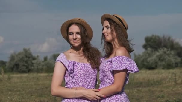 Portrait Two Young Twin Girls Identical Summer Dresses Straw Hats — Vídeo de Stock
