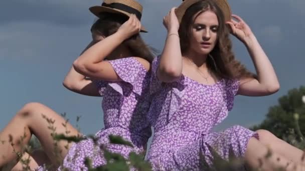 Schöne Junge Zwillingsmädchen Sitzen Rücken Rücken Identischen Kleidern Und Strohhüten — Stockvideo