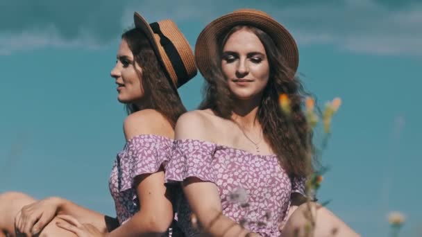 美しい若い双子の女の子が一緒に戻って草の上に同じドレスやわらの帽子で一緒に座っている 夏のフィールドでカメラを見て化粧で幸せな双子の女性の肖像画 スローモーション ライフスタイル — ストック動画