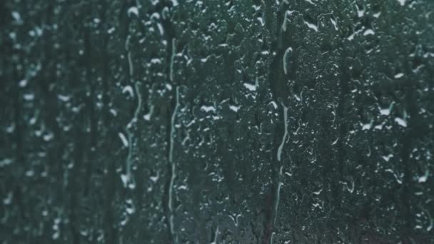 窓の上に雨が降った 窓の外で雨 秋のブルース 雨の天気曇りの日 雨が窓ガラスに降り クローズアップ 雨の滴がガラスの下を走る 秋の抽象的背景 — ストック動画