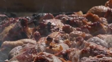 Grilling shashlik on barbecue grill outdoors. Process of cooking delicious shish kebab on a metal skewer in summer. Roast beef on BBQ. Marinated kebab grilled on charcoal. Weekend picnic. Street food