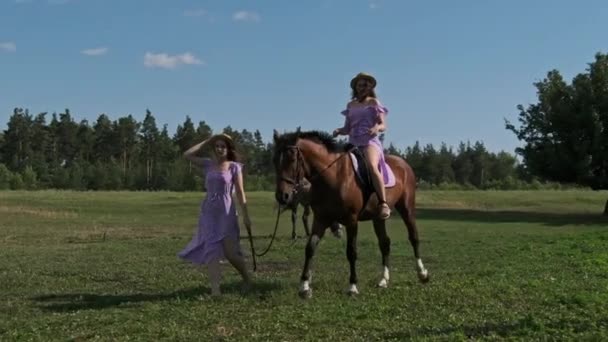 Dwie Bliźniaczki Fioletowych Letnich Sukienkach Słomianych Kapeluszach Jedna Jeździ Koniu — Wideo stockowe