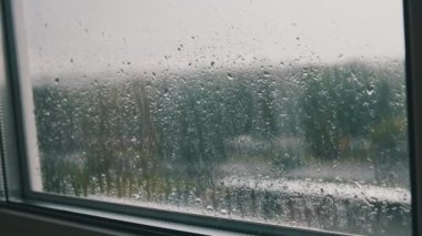 Pencerenin dışında yağmur var. Pencerede yağmur damlaları akıyor. Sonbahar hüznü, yağmurlu hava bulutlu bir gün. Pencere camına yağmur damlaları damlıyor, yakın plan. Bardaktan aşağı yağmur damlaları akıyor. Sonbahar soyut arkaplanı