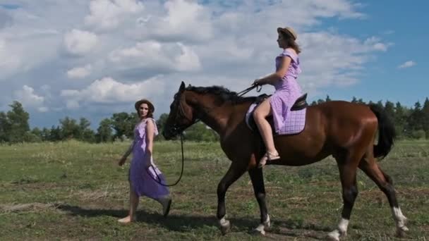 Jonge Tweelingzussen Lopen Paard Door Groen Veld Het Platteland Slow — Stockvideo