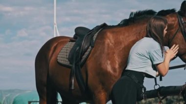 Happy woman stroking a horse on a farm in nature at summer day. Slow Motion. Beautiful girl pets brown horse near the stable. Friendship between human and animal. Mutual understanding, love for horses