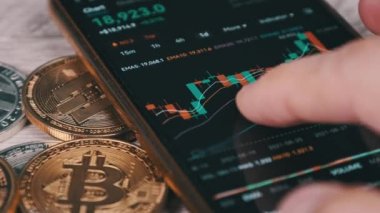 İşadamı şifreli paralarla birlikte dijital borsada kripto fiyat tablosunu kontrol ediyor. BTC fiyatı. Şifreli akıllı telefon ticareti. Kripto para ticareti. Çevrimiçi piyasa, değişim grafiği, Bitcoin