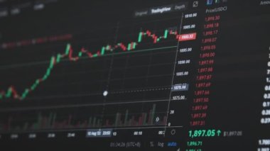 Borsa, kripto döviz şeması. Bilgisayar ekranında şifreli para grafiği. Borsadaki USD ve BC 'den alıntılar. Fiyat evrimi ile Bitcoin ticareti. Grafik verisi, grafik